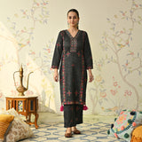 Black Embroidered & Phulkari Printed Woollen Kurta Pant Set