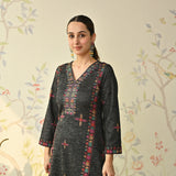 Black Embroidered & Phulkari Printed Woollen Kurta Pant Set