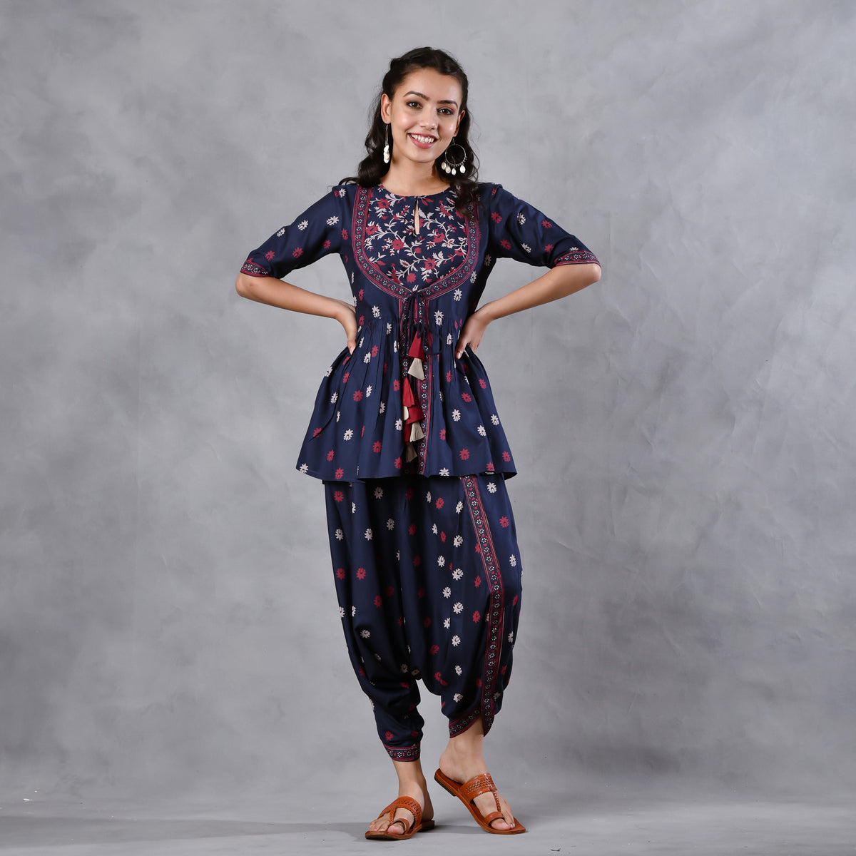 Deep Blue Gathered Top Dhoti Set with Yoke & Tassel Details
