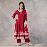 Maroon Pink Floral Flared Kurta