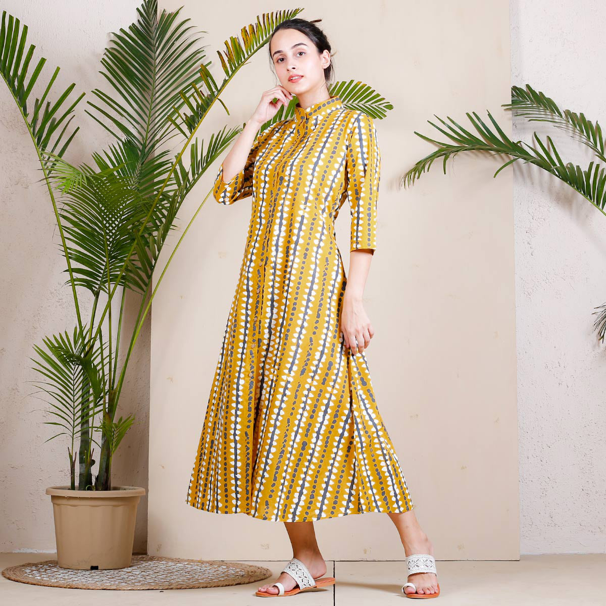 Yellow Stone Printed Shirt Dress