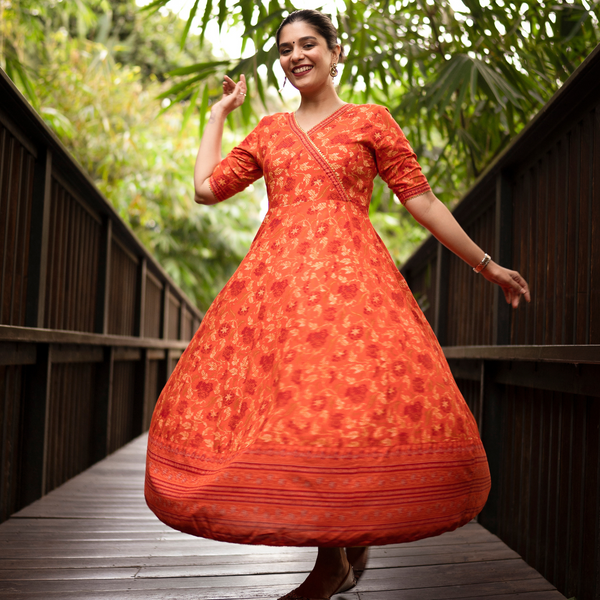 Buy Orange Floral Angrakha Dress