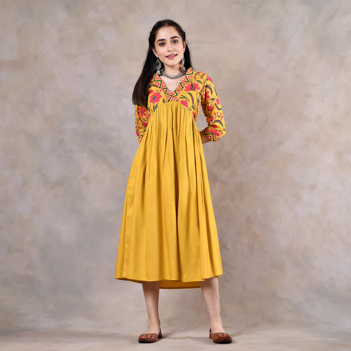 Mustard V Neck Gathered Dress With Tassels - SOM