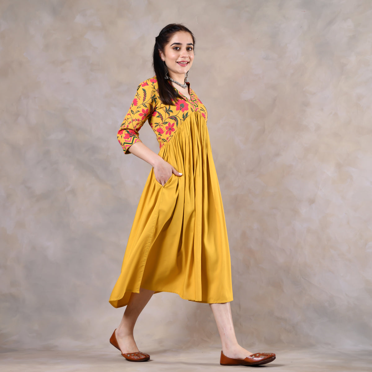 Mustard V Neck Gathered Dress With Tassels - SOM