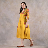 Mustard V Neck Alia Cut Gathered Dress with Tassels