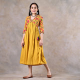 Mustard V Neck Alia Cut Gathered Dress with Tassels