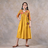Mustard V Neck Alia Cut Gathered Dress with Tassels