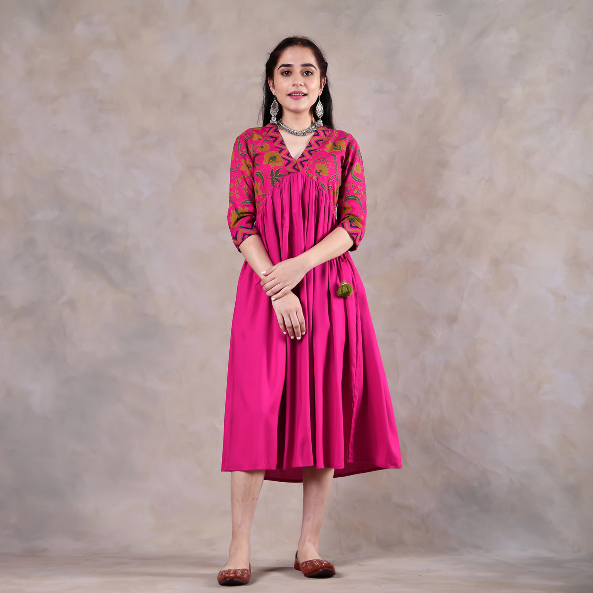 Pink Gathered Alia Cut Dress with Tassels