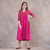 Pink Gathered Alia Cut Dress with Tassels