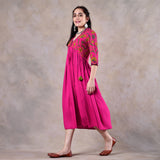 Pink Gathered Alia Cut Dress with Tassels
