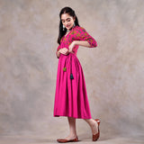 Pink Gathered Alia Cut Dress with Tassels
