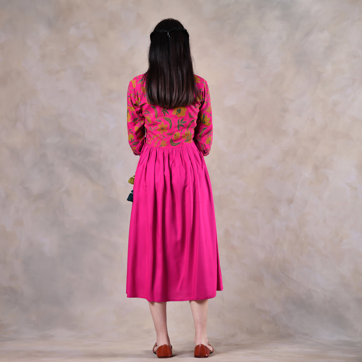 Pink Gathered Alia Cut Dress with Tassels