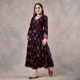 Black and Pink V Neck Gathered Dress
