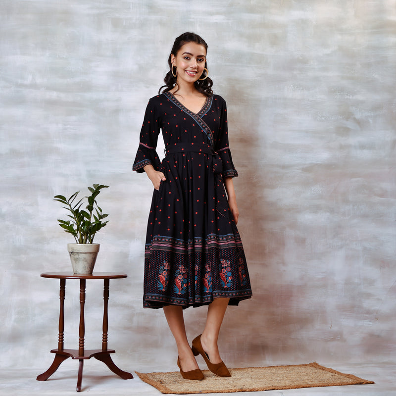 Black Angrakha Flared Dress with Knot Details