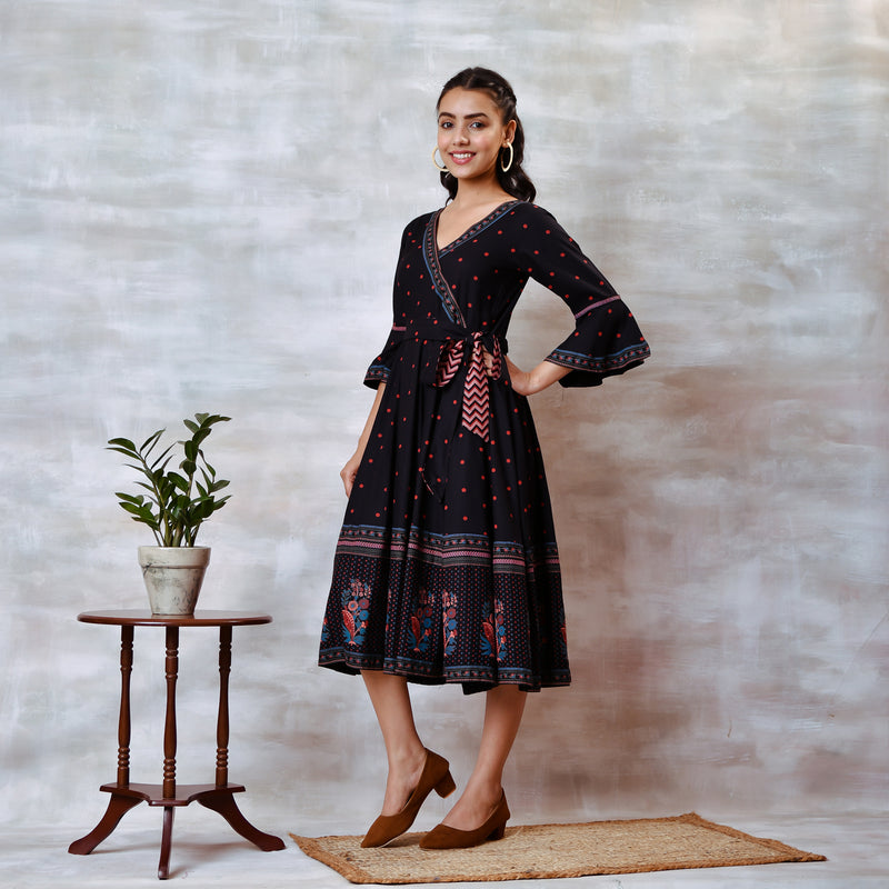 Black Angrakha Flared Dress with Knot Details