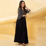 Black Bandhani & Stone Printed Tiered Dress with Flared Sleeves