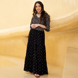 Black Bandhani & Stone Printed Tiered Dress with Flared Sleeves