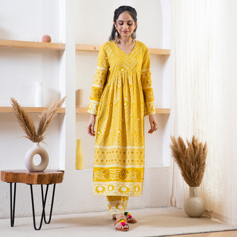 Yellow Bandhani Inspired Kurta Pant Set