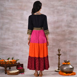 Black Multicoloured Tiered Dress with Polka Prints & Gota Details