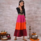 Black Multicoloured Tiered Dress with Polka Prints & Gota Details