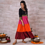 Black Multicoloured Tiered Dress with Polka Prints & Gota Details