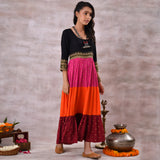 Black Multicoloured Tiered Dress with Polka Prints & Gota Details