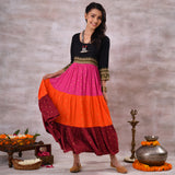 Black Multicoloured Tiered Dress with Polka Prints & Gota Details