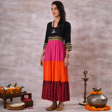 Black Multicoloured Tiered Dress with Polka Prints & Gota Details