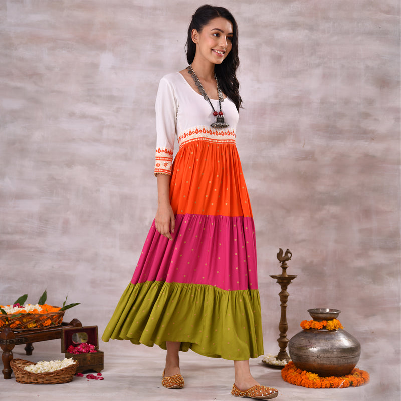 Off White Multicoloured Tiered Dress with Polka Prints & Gota Details