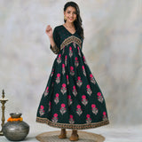 Emerald Green V Neck Alia Cut Dress with Buta & Polka Prints