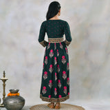 Emerald Green V Neck Alia Cut Dress with Buta & Polka Prints