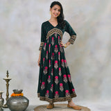 Emerald Green V Neck Alia Cut Dress with Buta & Polka Prints