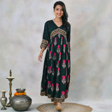 Emerald Green V Neck Alia Cut Dress with Buta & Polka Prints