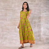 Olive Green Floral Gathered Dress