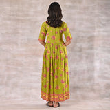 Olive Green Floral Gathered Dress