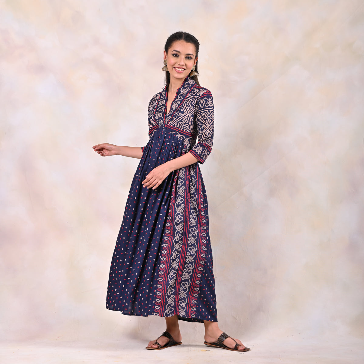 Indigo Bandhani V Neck Alia Cut Dress