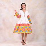 White Printed Dress with Flared Sleeves