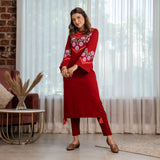 Maroon Acrylic Floral Kurta with Flared Sleeves