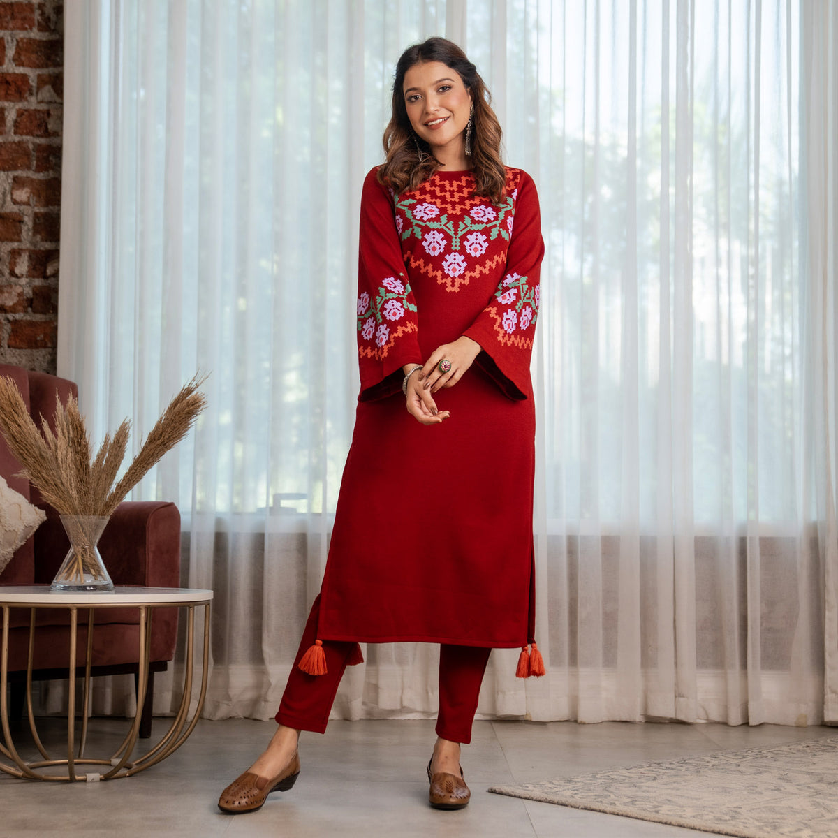 Maroon Acrylic Floral Kurta with Flared Sleeves