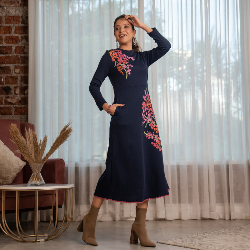 Navy Blue Acrylic Floral Flared Dress