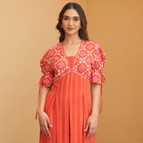 Orange Box Pleated V Neck Dress