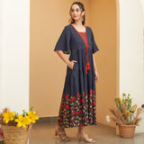 Navy Blue V Neck Floral Tiered Dress