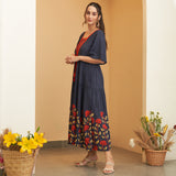 Navy Blue V Neck Floral Tiered Dress