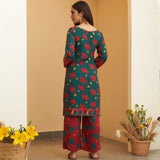 Turquoise Maroon Lotus Print Kurta Pant Co-ord Set