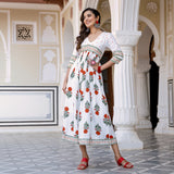 White V Neck Alia Cut Dress with Buta & Polka Prints