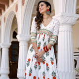 White V Neck Alia Cut Dress with Buta & Polka Prints