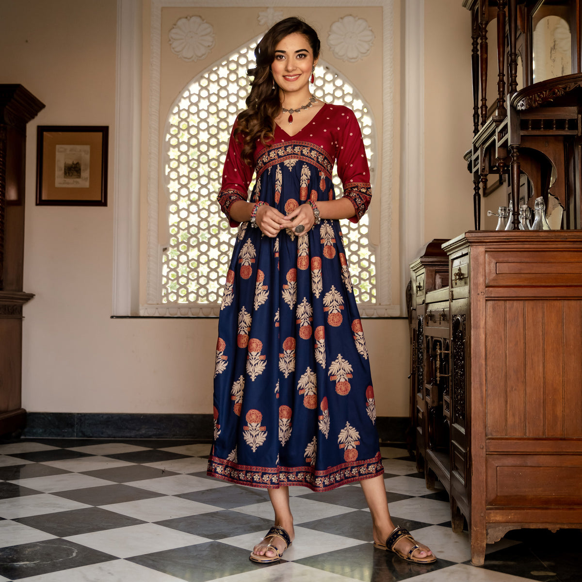 Blue & Maroon V Neck Alia Cut Dress with Gold Buta & Polka Prints