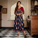 Blue & Maroon V Neck Alia Cut Dress with Gold Buta & Polka Prints
