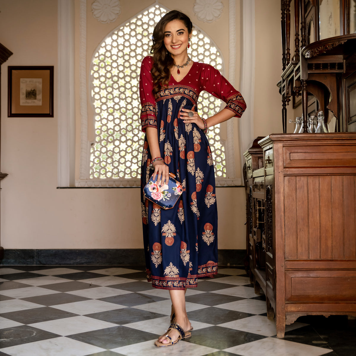 Blue & Maroon V Neck Alia Cut Dress with Gold Buta & Polka Prints