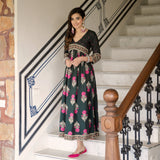 Emerald Green V Neck Alia Cut Dress with Buta & Polka Prints